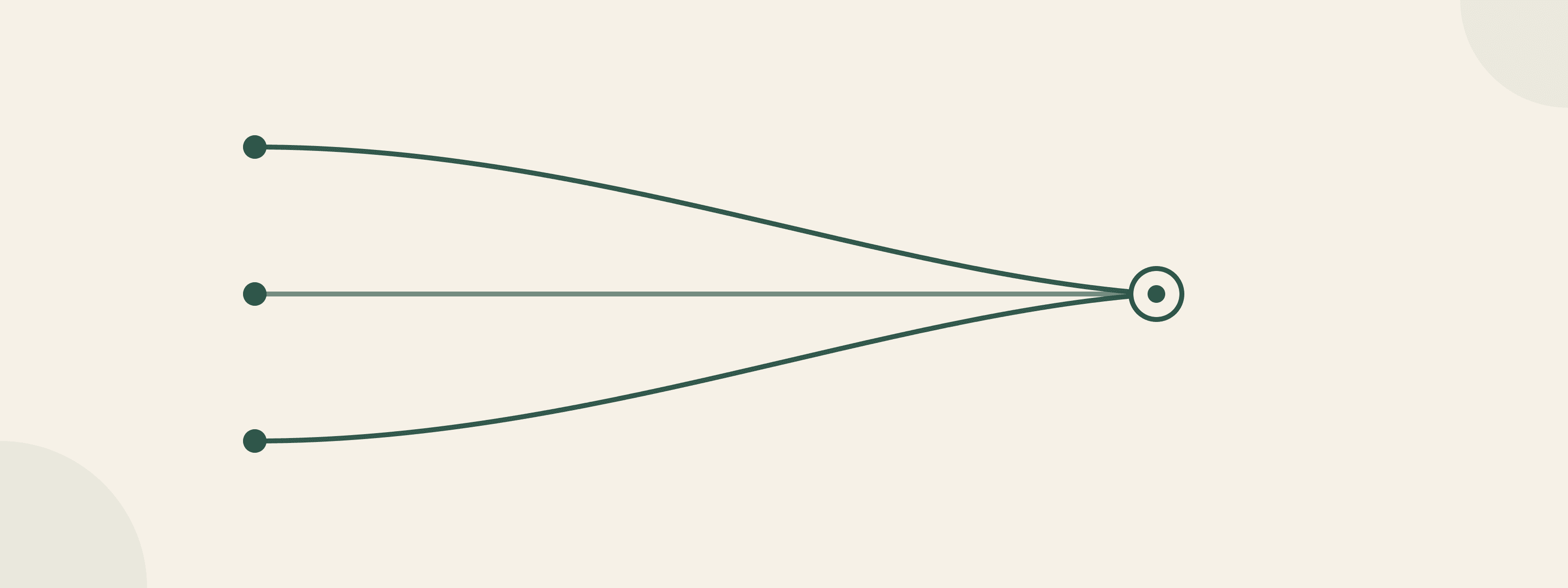 Line-art illustration of three lines converging from separate points into a single circled point.