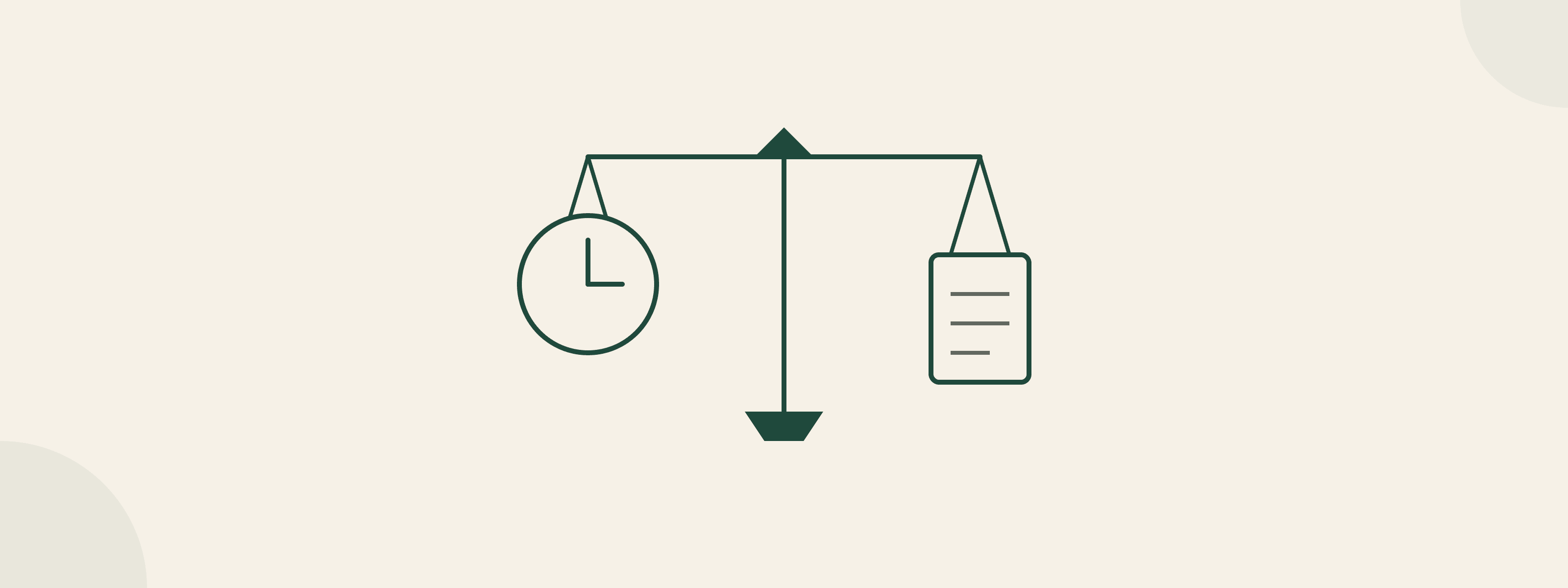 Line-art illustration of a scale weighing a clock against a document.
